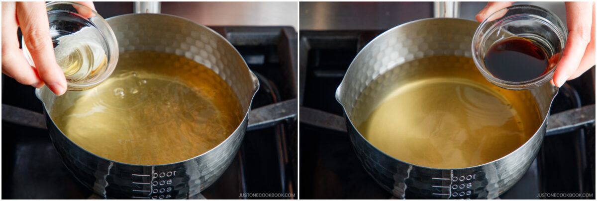 Two images side by side show hands adding liquids from small bowls into a metal pot with clear broth on a stovetop. The left image shows a light liquid; the right image shows a dark liquid being poured.