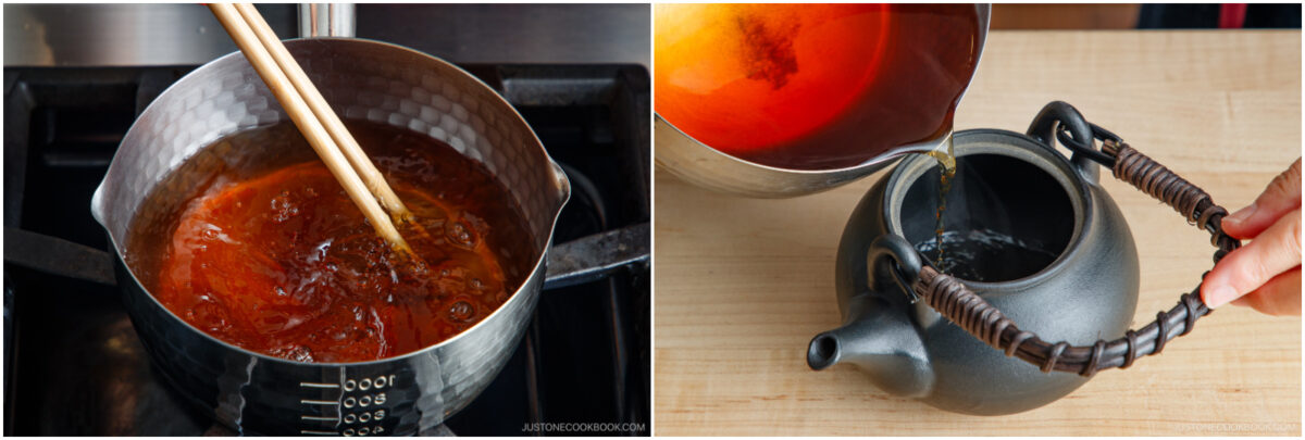 Two images side by side: the left shows tea being stirred in a pot on a stove with chopsticks; the right shows tea being poured from a pot into a black teapot on a wooden surface.