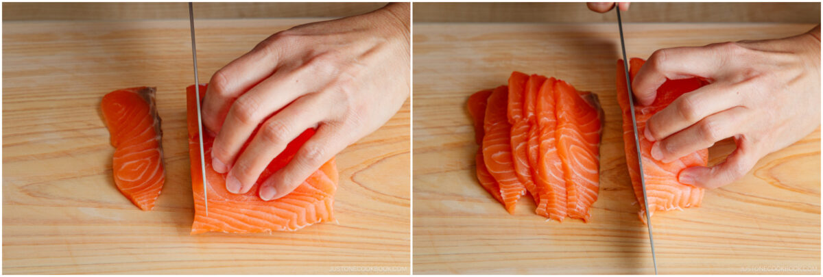 Two side-by-side photos show a hand slicing raw salmon on a wooden cutting board. The salmon is being cut into even slices with a sharp knife.