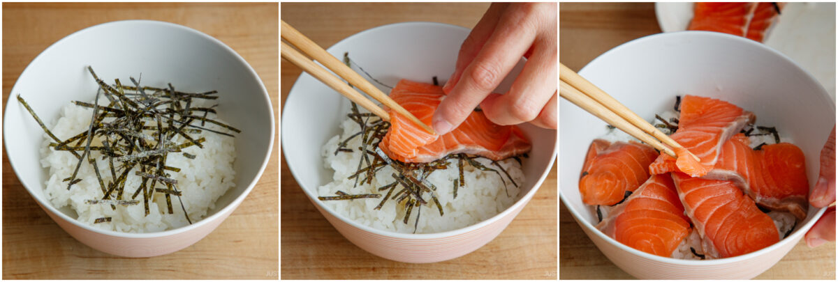 Three photos show: a bowl of rice with shredded seaweed; chopsticks placing raw salmon slices on rice; and several salmon slices arranged on top of the rice in the bowl.