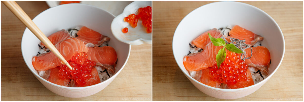 Two side-by-side images show a bowl of rice topped with raw salmon slices and salmon roe. In the first image, roe is being added; in the second, a hand garnishes with a green leaf and shredded seaweed using chopsticks.