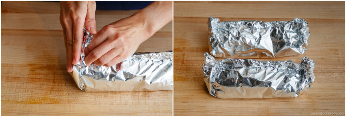 Two side-by-side images: on the left, hands wrap food in aluminum foil; on the right, two foil-wrapped packages rest on a wooden surface.