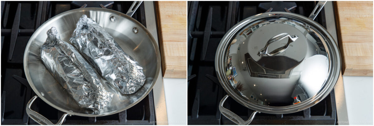 Two images: left shows two foil-wrapped ears of corn in a stainless steel pan on a stove; right shows the same pan covered with a metal lid, also positioned on the stove.