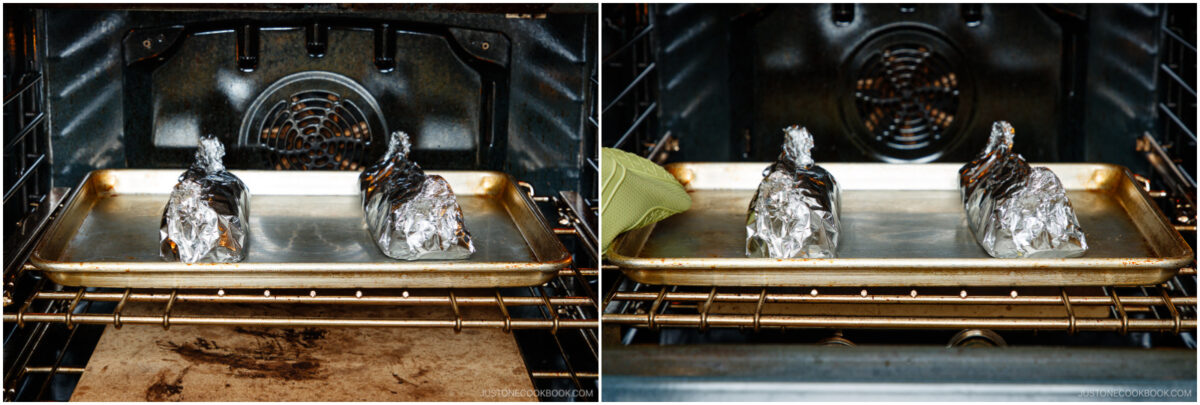 Two foil-wrapped items are baking on a baking sheet in an oven. The left image shows the oven door open with no hands, while the right image shows a hand with a green oven mitt reaching in.