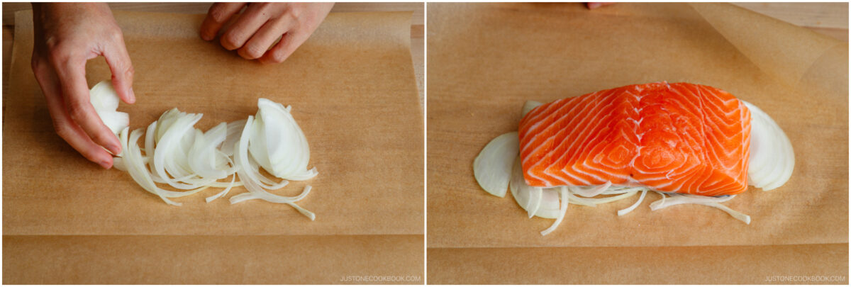 Two images side by side: on the left, a hand arranges sliced onions on parchment paper; on the right, a raw salmon fillet is placed on top of the onion slices, also on parchment paper.
