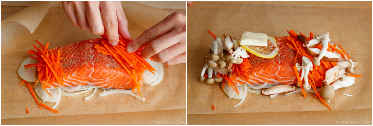 Two photos: Left, hands arranging julienned carrots on a raw salmon fillet placed on sliced onions; right, the salmon is topped with mushrooms, a lemon slice, and a pat of butter, all on parchment paper.
