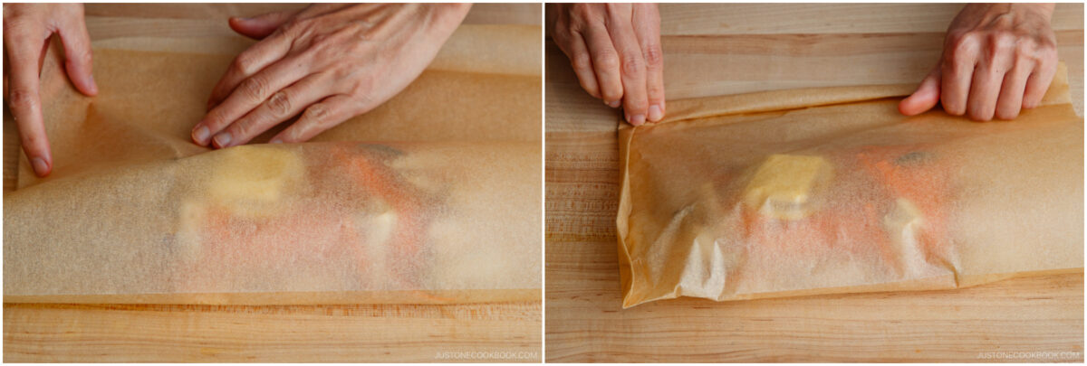 Two images show hands folding parchment paper around pieces of salmon and pats of butter on a wooden surface, preparing fish en papillote for cooking.