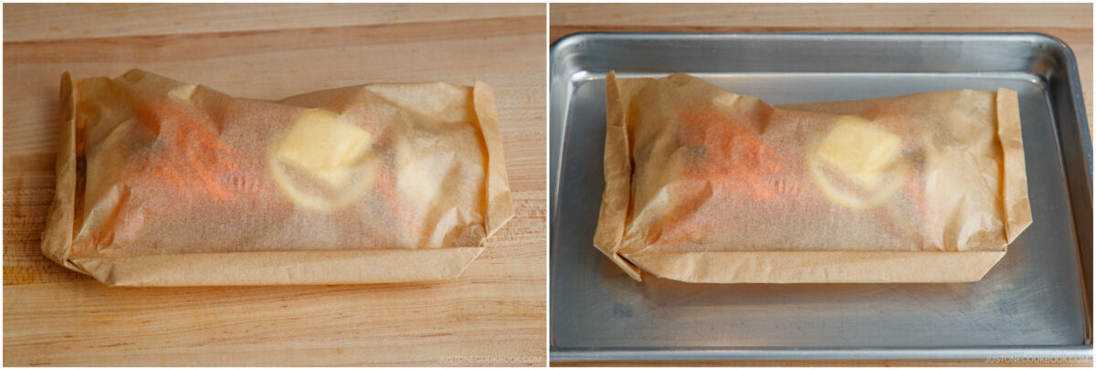 Two images side by side: both show food wrapped in parchment paper. The left image is on a wooden surface, and the right image is on a metal baking tray. Visible through the paper are slices of butter and vegetables.
