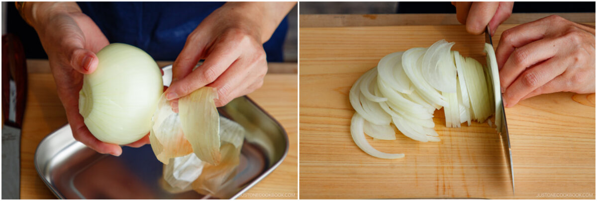 Split image: Left side shows hands peeling the skin off a whole onion over a tray; right side shows hands slicing the peeled onion into thin pieces on a wooden cutting board with a knife.