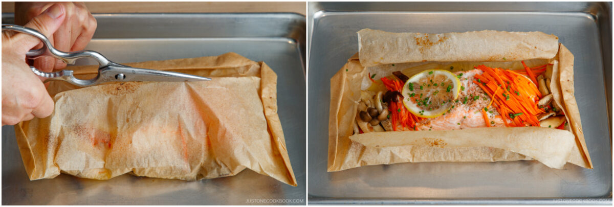 Two side-by-side images: on the left, hands use scissors to cut open a parchment paper packet; on the right, the packet is open to reveal cooked salmon with lemon, carrots, mushrooms, and herbs on a baking tray.