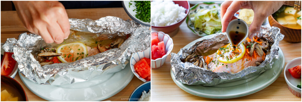 Two images show a baked salmon fillet in foil topped with lemon slices and herbs. In the first, a hand adds garnishes. In the second, a hand pours sauce over the salmon. Rice and side dishes are visible in the background.