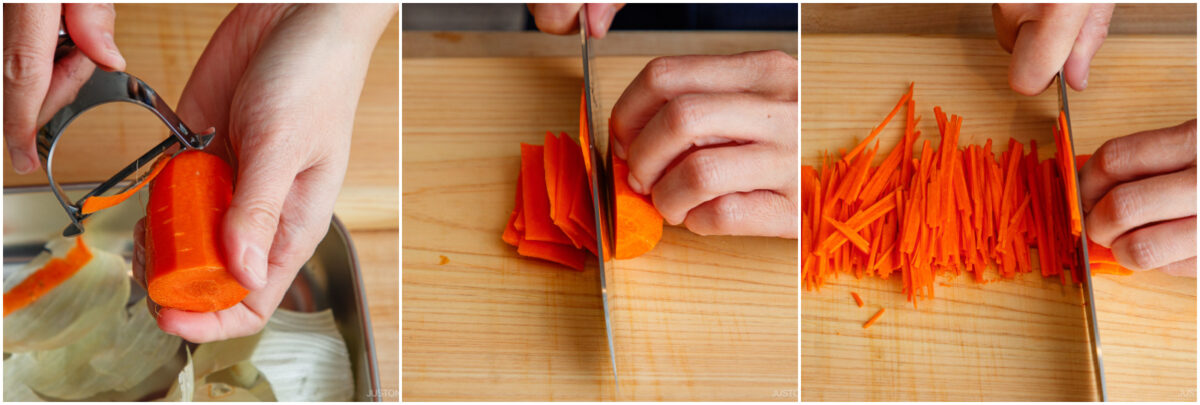 Three-step process: first, hands peel a carrot; next, hands slice the carrot into thin rounds; finally, hands cut the slices into fine julienne strips on a wooden cutting board.