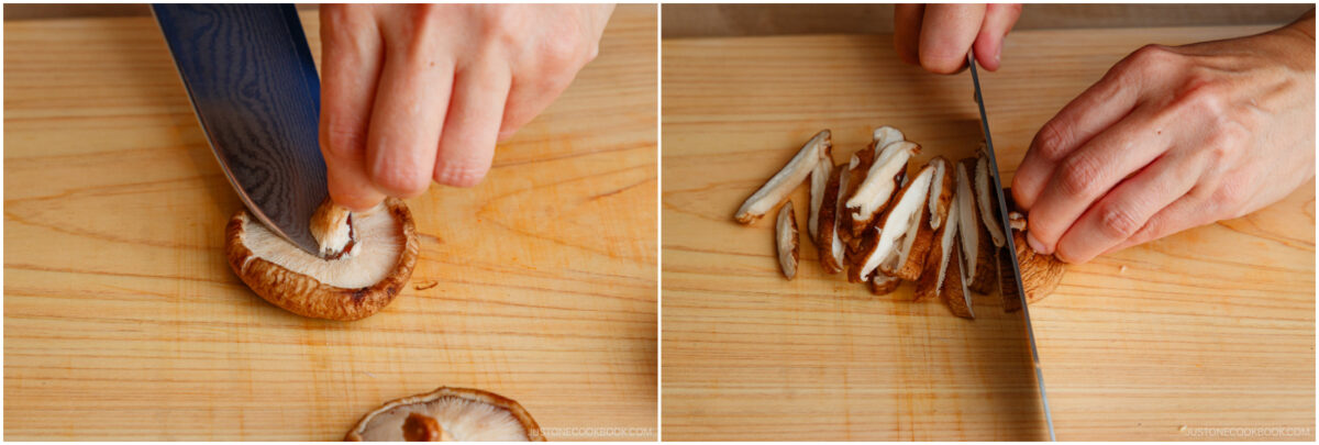 Two side-by-side images show hands slicing a brown mushroom on a wooden cutting board with a sharp knife. The left side shows the start of slicing; the right shows thin mushroom slices being cut.