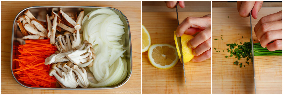 Three-panel image: left panel shows sliced carrots, mushrooms, and onions in a metal tray; middle panel shows a hand slicing a lemon; right panel shows a hand finely chopping chives on a wooden cutting board.
