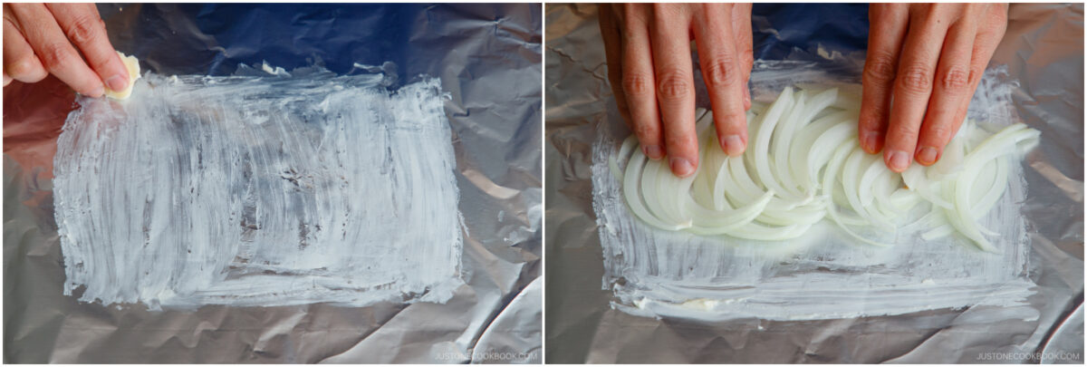 Two photos side by side: one shows hands spreading butter on foil; the other shows hands arranging sliced onions on the buttered foil.