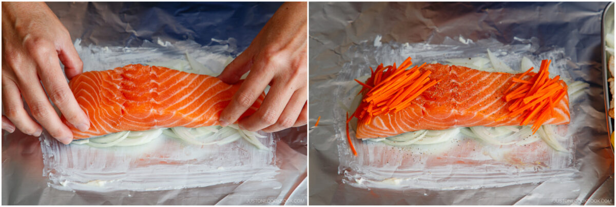 Two side-by-side images: hands wrapping a raw salmon fillet with grated carrots and onions in foil on the left, and the unwrapped salmon with vegetables on foil on the right.