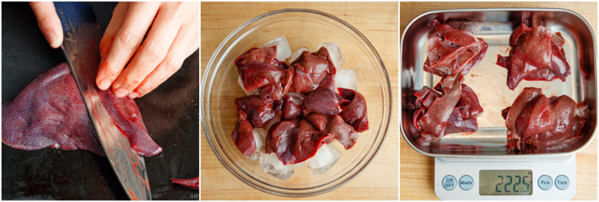 A hand slices raw liver with a knife, chopped liver pieces rest in a glass bowl with ice, and several liver portions are weighed on a digital kitchen scale showing 222.6 grams.