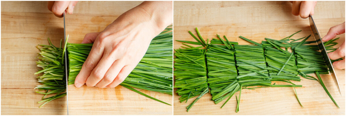 Two images side by side show hands using a knife to slice a bundle of fresh green chives on a wooden cutting board. The chives are being cut into even pieces.