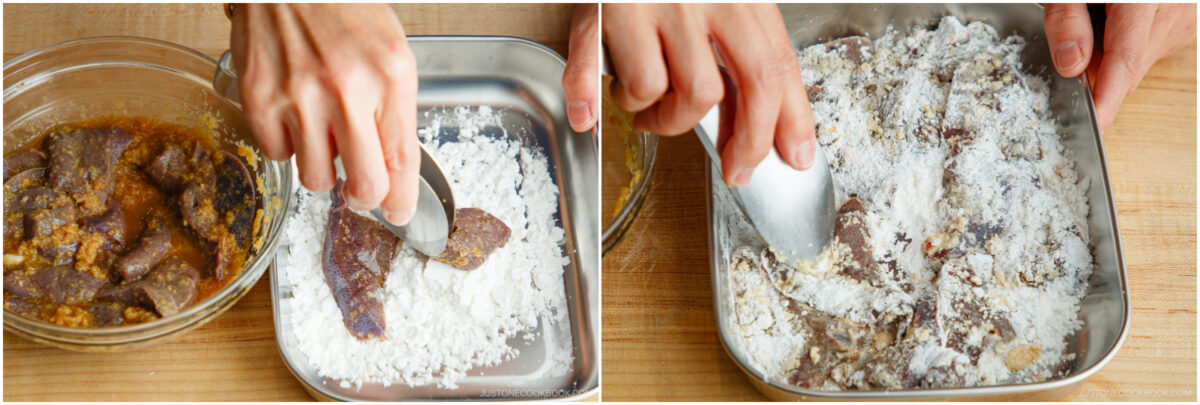 Two side-by-side images show hands dredging marinated beef slices in a tray of white flour or starch, preparing the meat for frying, on a wooden surface.