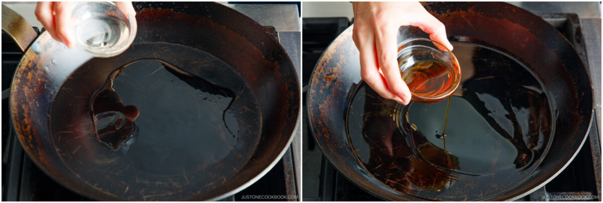 Two side-by-side images: On the left, a hand pours a clear liquid into a skillet. On the right, a hand pours a brown liquid into the same skillet. Both liquids are being added on a stovetop.