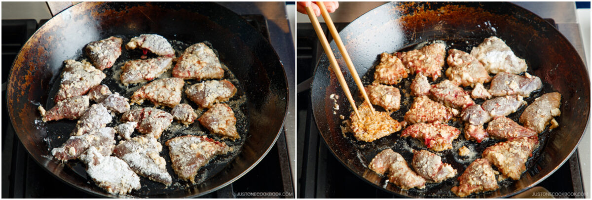 Two side-by-side images show pieces of meat coated in flour frying in a large skillet. In the right image, a hand uses chopsticks to turn the browning meat as it cooks.