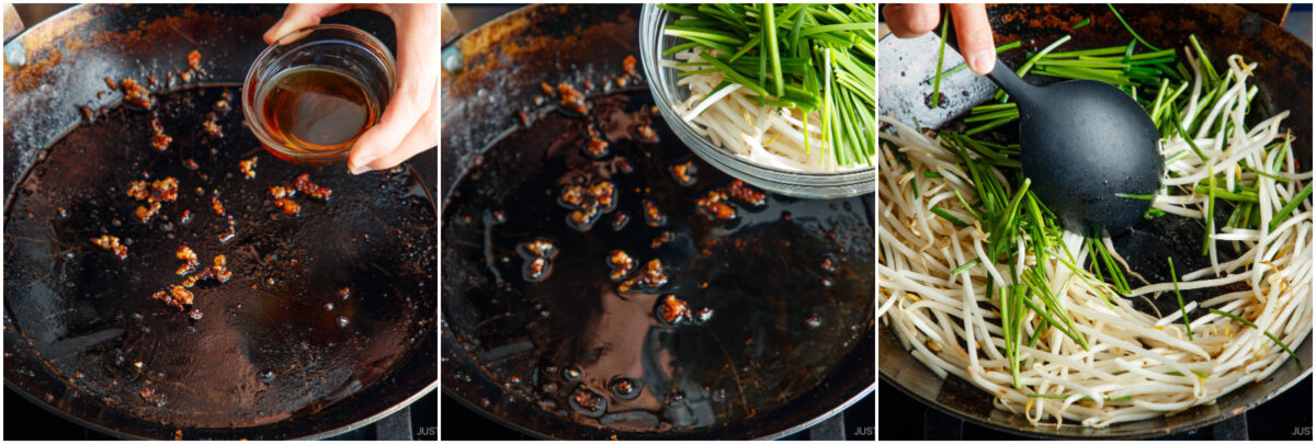 Three-panel image: First, a hand pours sauce into a pan with browned bits. Second, a bowl of bean sprouts and chives is added to the pan. Third, the vegetables are stirred with a black spatula in the pan.