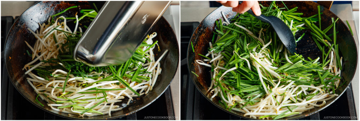Two photos of a frying pan on a stove with bean sprouts and green vegetables being stir-fried; one shows ingredients being added with tongs, the other shows them being stirred with a spatula.