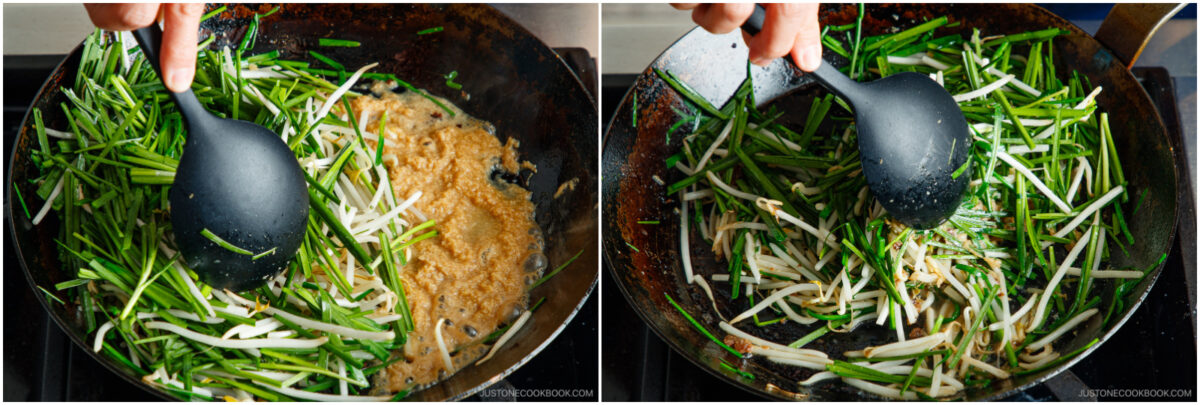 A person uses a black spoon to stir-fry green onions and bean sprouts with egg in a large pan over a stovetop. The left image shows ingredients just added; the right image shows them mixed together.