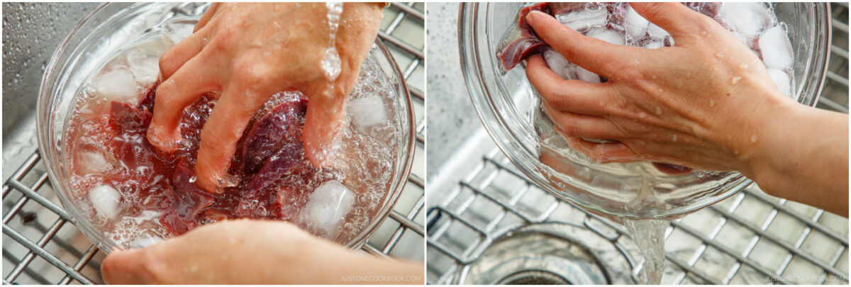 Two images show hands holding raw meat in a glass bowl filled with ice water, positioned under a running sink faucet, as the meat is being rinsed and cooled.