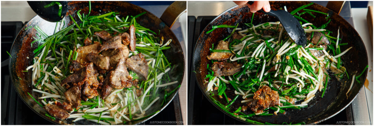 Two images of a stir-fry in a pan on a stovetop: cooked slices of meat, bean sprouts, and green vegetables are being mixed and cooked with a spatula.