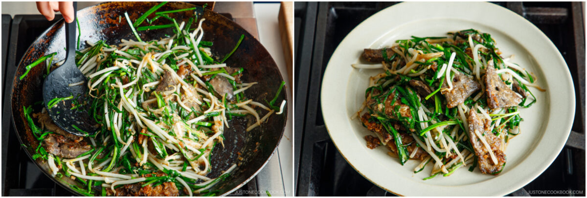 Left: A wok with stir-fried beef, bean sprouts, and green vegetables being mixed with a spatula. Right: The stir-fried dish served on a white plate, showing slices of beef and vegetables.