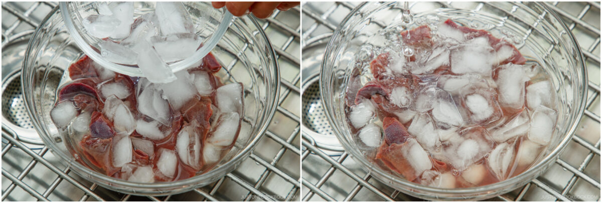 Two side-by-side images show raw octopus pieces in a clear bowl filled with water and ice cubes in a metal sink; ice is being added in the left image, and the octopus is soaking in ice water in the right image.