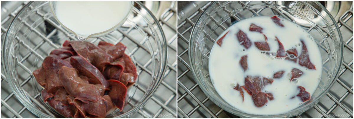 Two images side by side: on the left, milk is being poured over raw liver slices in a glass bowl; on the right, the liver slices are soaking in the milk. Both bowls are on a metal rack.