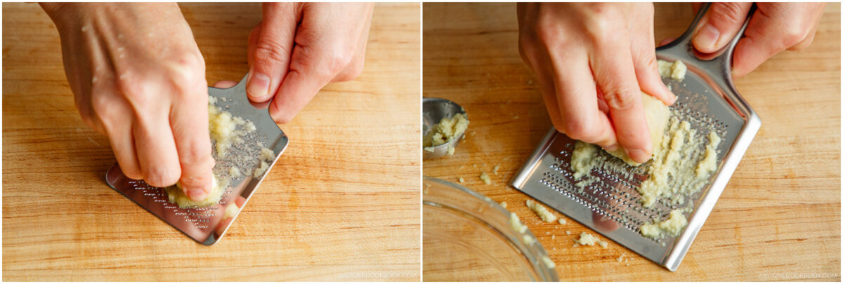 Two close-up images show hands grating fresh ginger on a small metal grater over a wooden surface, with grated ginger collecting on the grater in both shots.