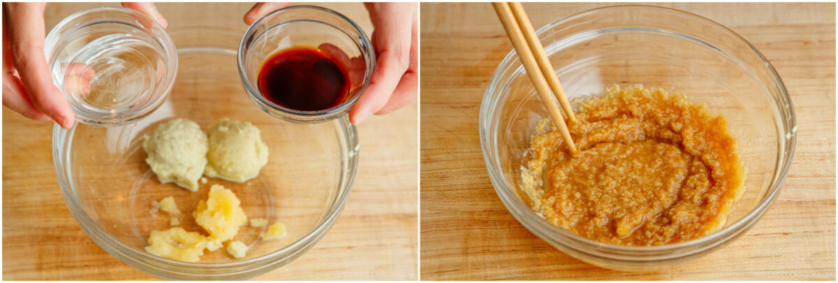 Two-panel image: left, hands hold bowls of clear liquid and dark sauce over bowls of grated ginger, garlic, and onion; right, ingredients mixed into a golden paste in a glass bowl with chopsticks.