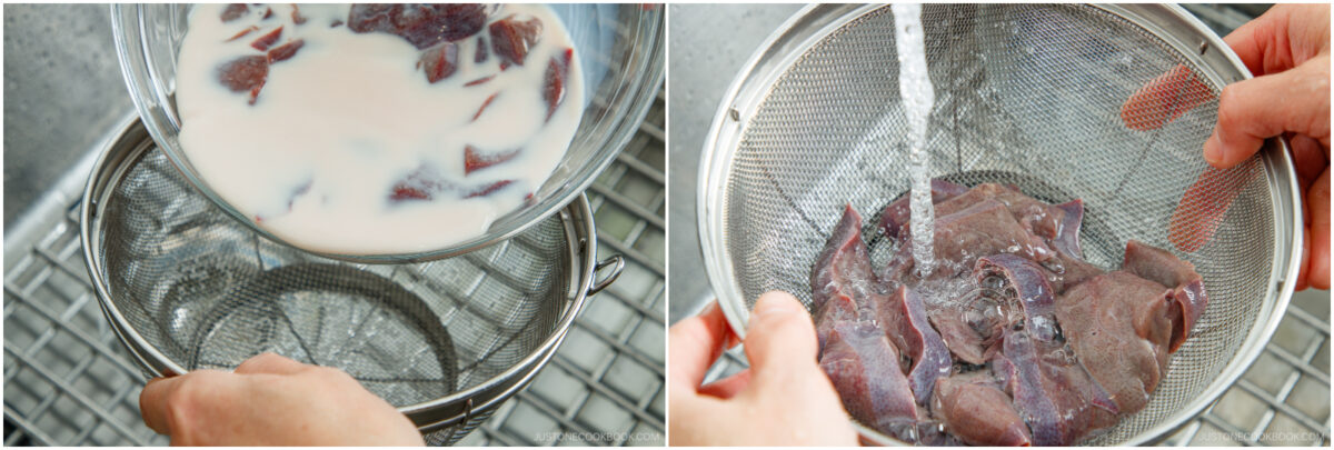 Two side-by-side images: on the left, sliced liver is being drained from a bowl of milk through a strainer; on the right, the liver pieces are being rinsed under running water in the strainer.