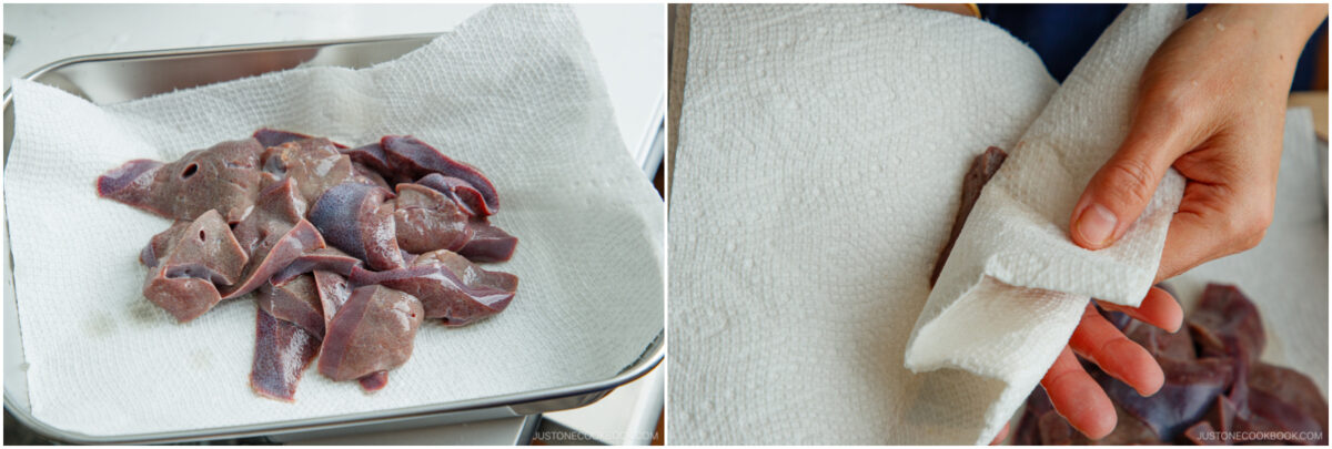 Two images: On the left, raw liver slices are placed on a paper towel in a metal tray. On the right, a hand gently pats liver slices dry with a folded paper towel.