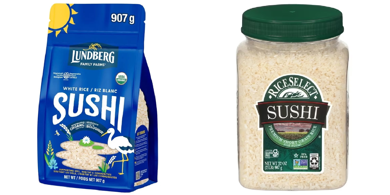 Two packages of sushi rice: one is a blue Lundberg Family Farms bag with sun and crane illustrations, the other is a clear RiceSelect jar with a green label showing sushi rice inside.