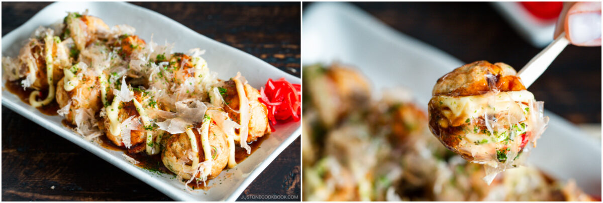 Rectangular white plate with several takoyaki (Japanese octopus balls) topped with sauce, mayo, bonito flakes, and green herbs. On the right, a close-up of a takoyaki held on a fork.