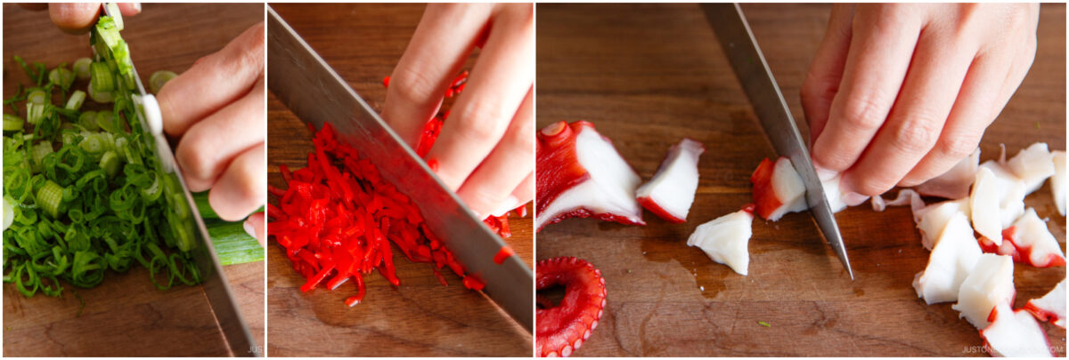Three close-up images: left, a hand slices green onions; center, a hand finely chops red chili; right, a hand cuts pieces of octopus on a wooden cutting board.