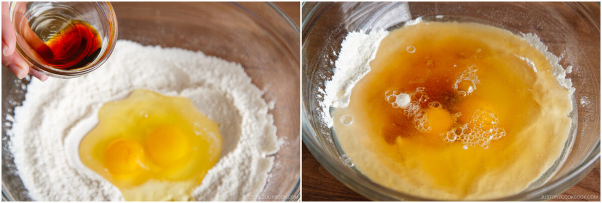 Two side-by-side images: on the left, a hand pours vanilla extract into a bowl with flour and two eggs; on the right, the same bowl shows eggs and vanilla mixed with other wet ingredients.