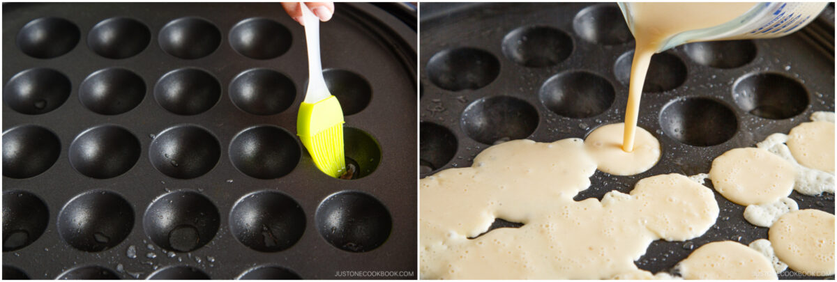 A person brushes oil onto a takoyaki pan with a green brush, then pours batter into the round molds of the pan to prepare takoyaki.