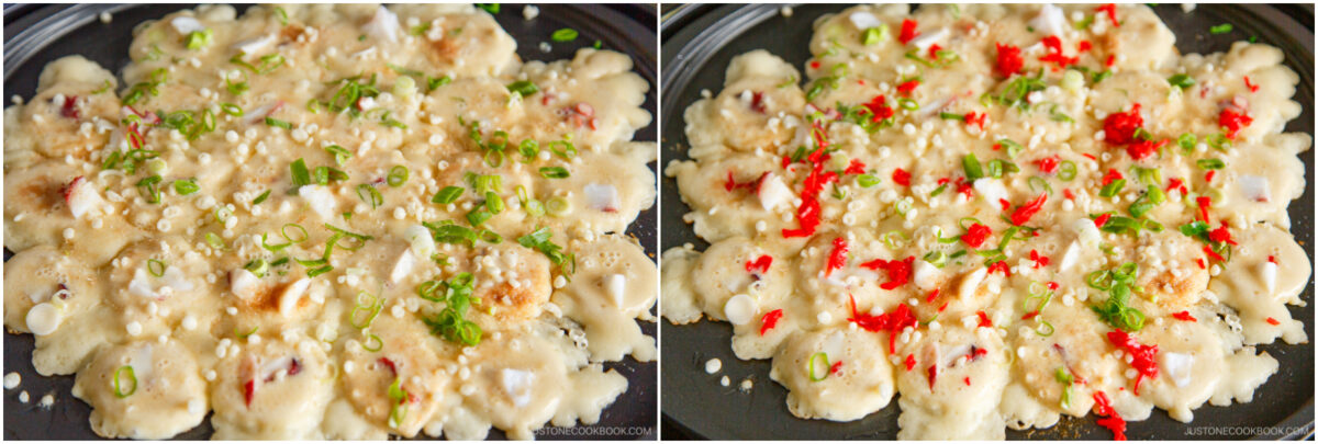 Two side-by-side images of Japanese takoyaki cooking in a pan. The left shows batter with chopped green onions, while the right shows the same with added bits of red pickled ginger sprinkled on top.