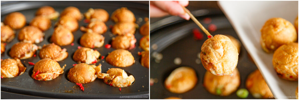 A baking tray filled with golden, round takoyaki balls on the left, and a close-up on the right of a hand holding one takoyaki on a skewer above a plate.