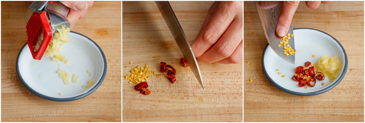 Three-panel image: First, garlic is pressed onto a small plate. Second, a hand slices red chili on a cutting board. Third, the chopped chili and seeds are placed next to the pressed garlic on the plate.