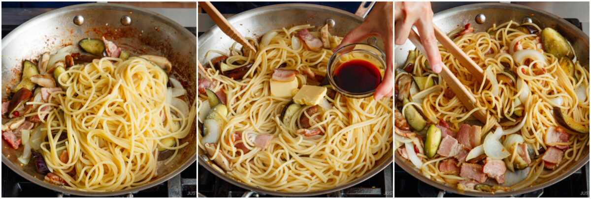Three images show pasta being cooked in a pan with sliced vegetables, bacon, and onions. Butter and sauce are added, and the ingredients are mixed together using wooden utensils.