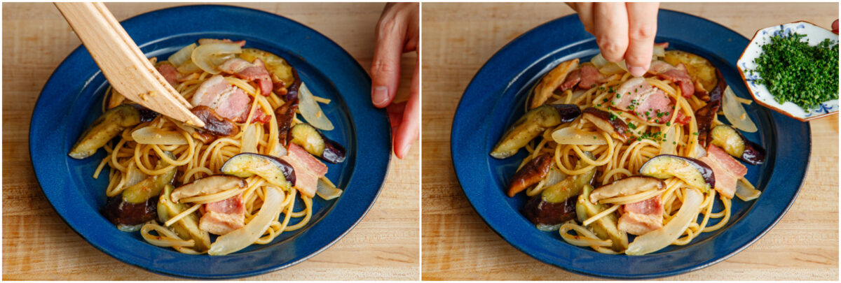 Two images side by side: both show a blue plate of pasta with vegetables and bacon. In the first, chopsticks arrange the toppings; in the second, a hand sprinkles chopped green herbs from a small dish onto the pasta.