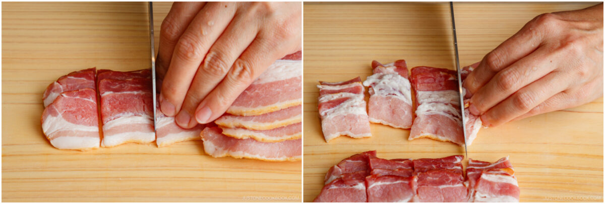 Two images side by side showing a hand slicing strips of raw bacon on a wooden cutting board with a knife. The left image shows initial cuts, while the right shows the bacon being diced into smaller pieces.