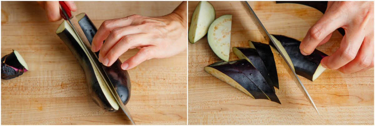 Two-panel image showing hands slicing an eggplant on a wooden cutting board. In the first panel, the eggplant is being cut lengthwise; in the second, it is being sliced into wedges.