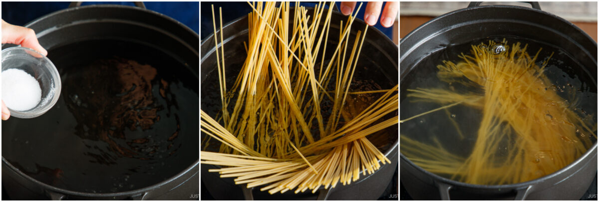 Three-panel image: pouring salt into a pot of water, adding uncooked spaghetti to the pot, and spaghetti boiling in the water.